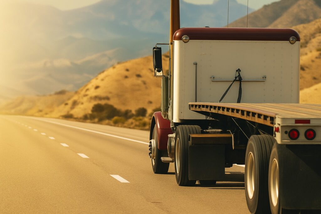 Red and white US-style semi-truck with a flatbed trailer driving on an open American highway with mountains in the background.