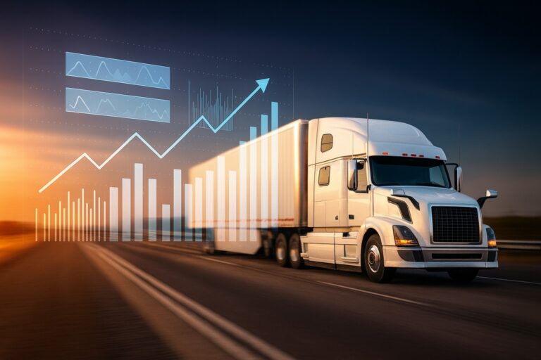 White US-style semi-truck driving on highway at sunset with digital freight rate and financial charts overlay, symbolizing owner operator trucking rates per mile.