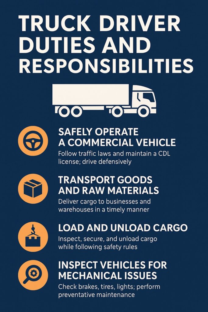 Truck Driver Duties and Infographic showing truck driver duties and responsibilities, including operating a commercial vehicle, transporting goods, loading and unloading cargo, and inspecting vehicles for mechanical issues.