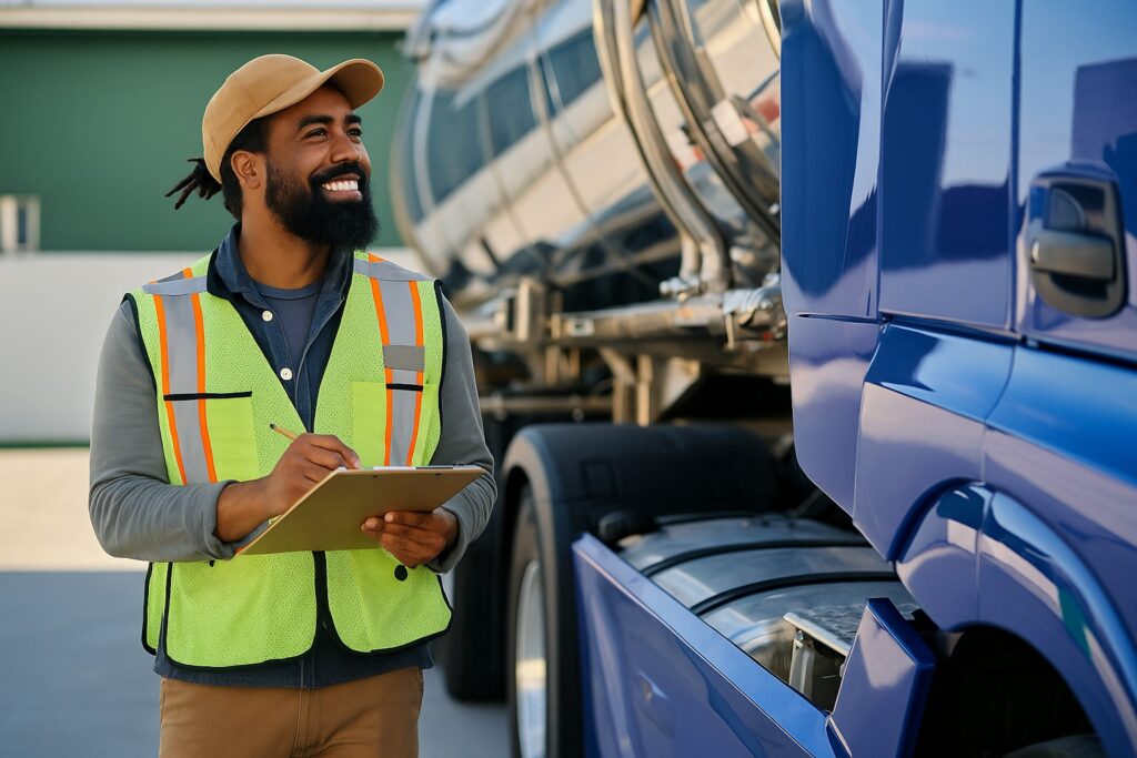 Truck owner operator in safety vest reviewing paperwork beside a US-style semi-truck parked in a freight yard under daylight.