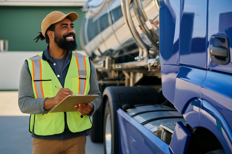 Truck owner operator in safety vest reviewing paperwork beside a US-style semi-truck parked in a freight yard under daylight.