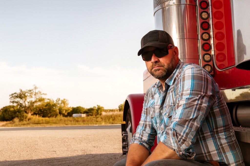Confident owner-operator truck driver in sunglasses and plaid shirt leaning against a red semi-truck on a rural American road under blue sky.