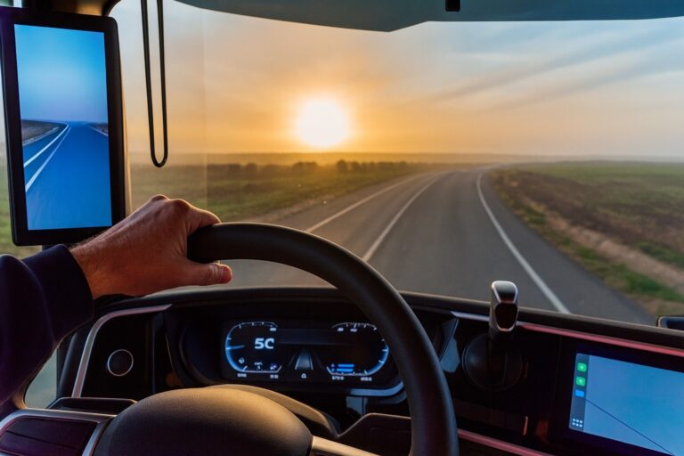 Truck Driver’s View at Sunrise on Open Highway – Modern Semi Cabin Interior
