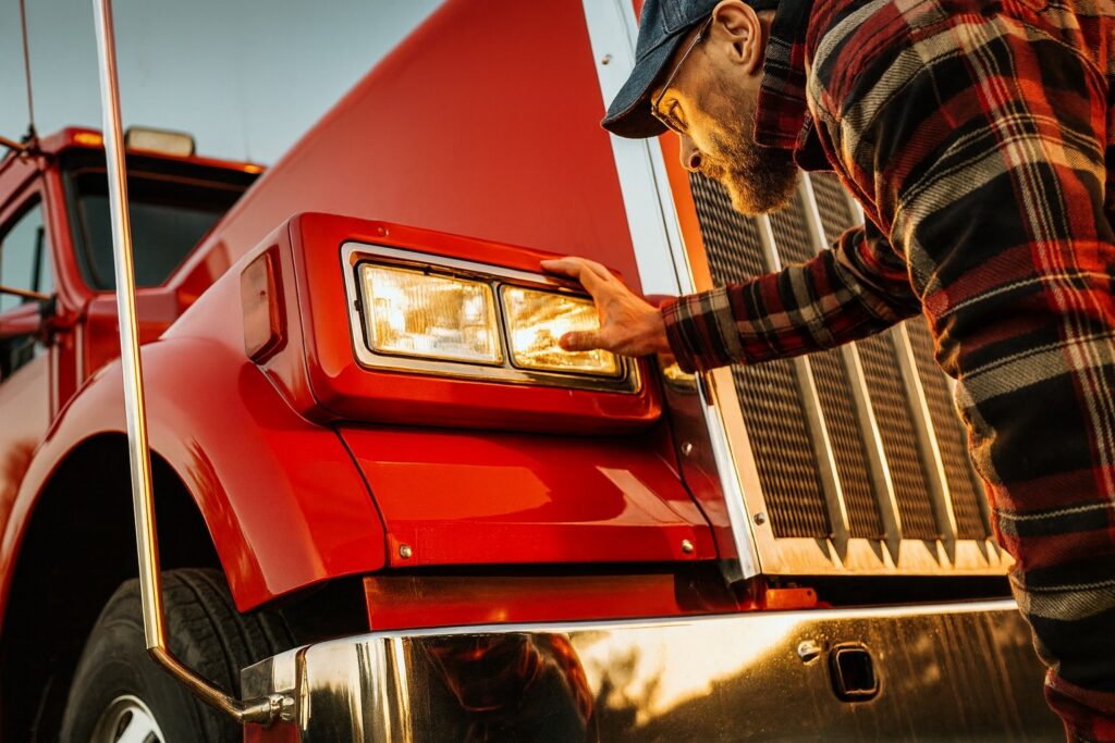 Truck driver owner operator inspecting the headlights of a red semi-truck during a safety check on the road.