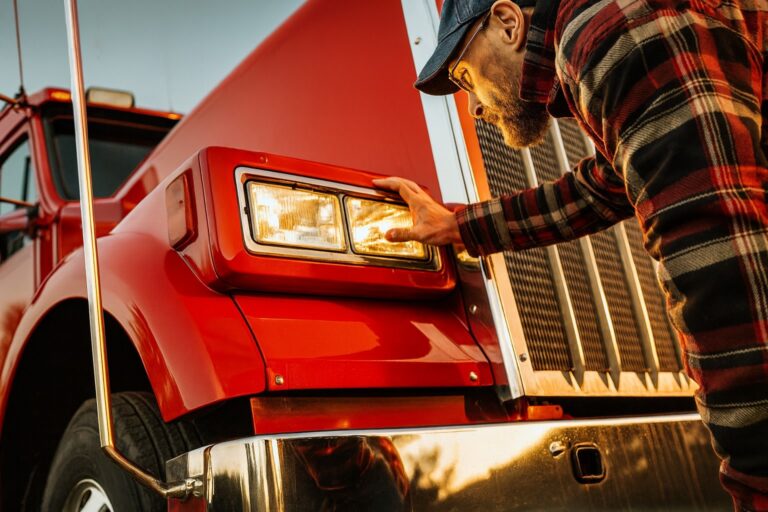 Truck driver owner operator inspecting the headlights of a red semi-truck during a safety check on the road.