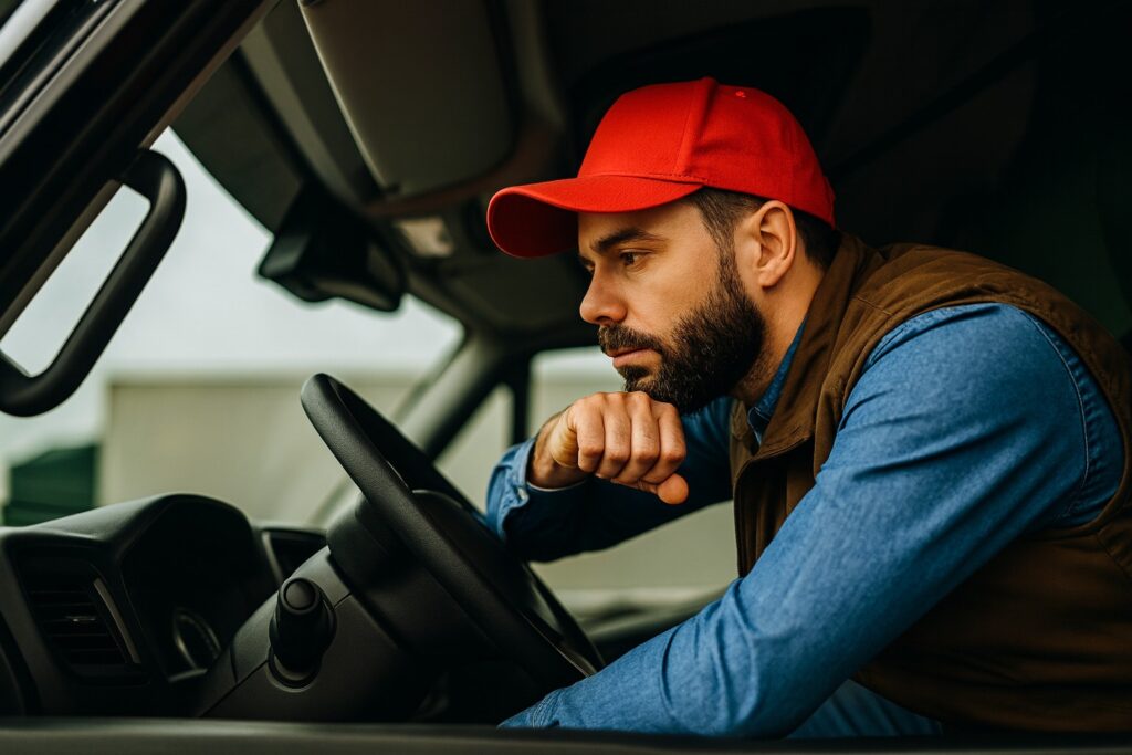 Truck owner operator wearing a red cap leaning on the steering wheel inside a semi-truck cab.