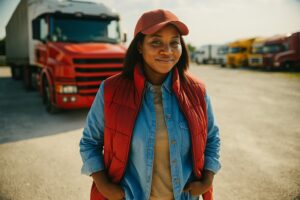 female owner operator standing in front of her truck