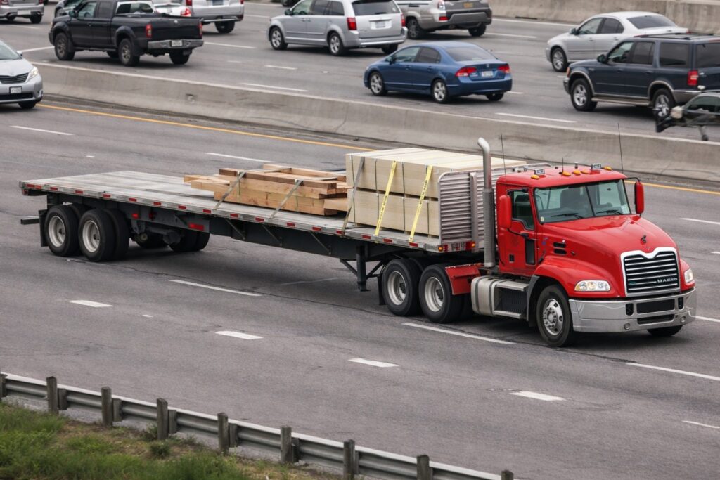 Red flatbed semi truck hauling lumber and construction materials on a multi-lane highway, commercial freight transportation in the USA.