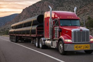 Red heavy haul semi truck hauling large industrial pipes on a flatbed trailer through a mountainous highway during golden hour.