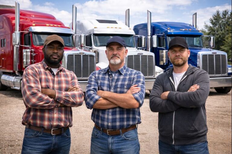 Three truck drivers standing in front of red, white, and blue semi trucks on a gravel lot, representing professional American trucking industry