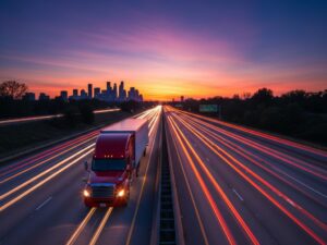 A red semi-truck driving on a highway toward a city skyline at sunset, representing owner-operator cost per mile calculations for 2026.