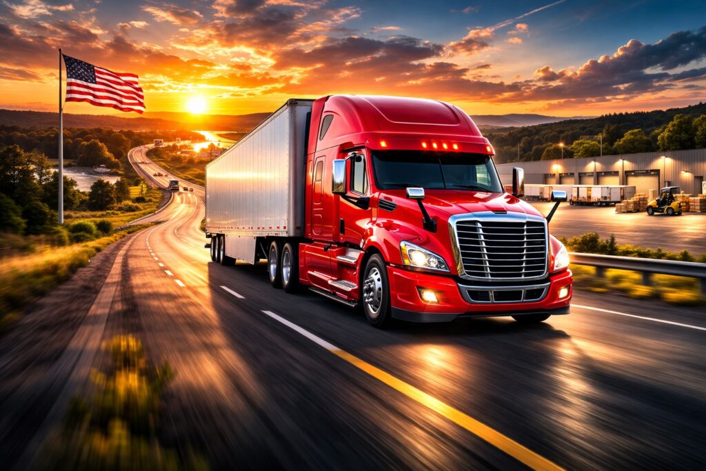 Red US-style semi truck hauling a white trailer on an open highway at sunset with an American flag in the background.