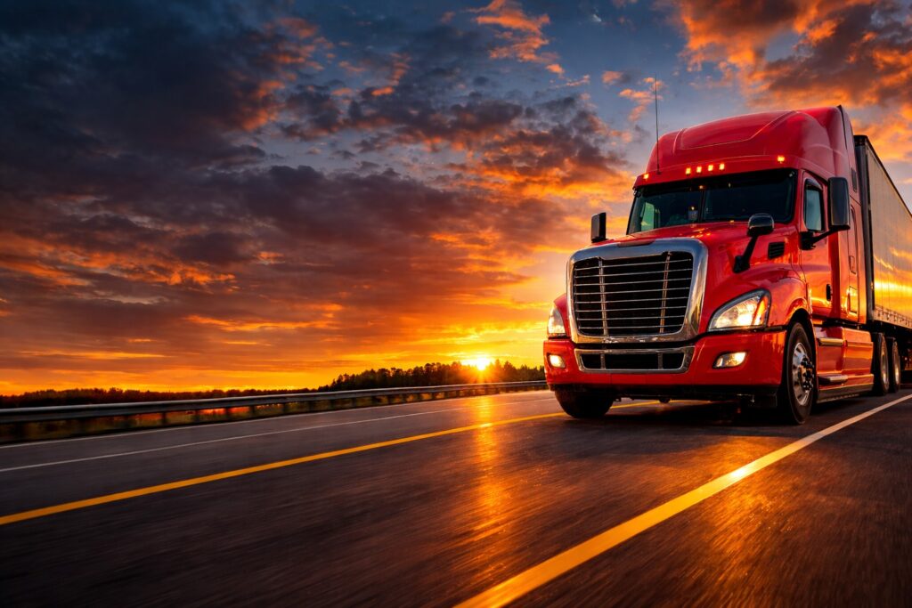 Red semi truck driving on a highway at sunset during a long distance haul