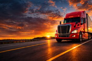 Red semi truck driving on a highway at sunset during a long distance haul