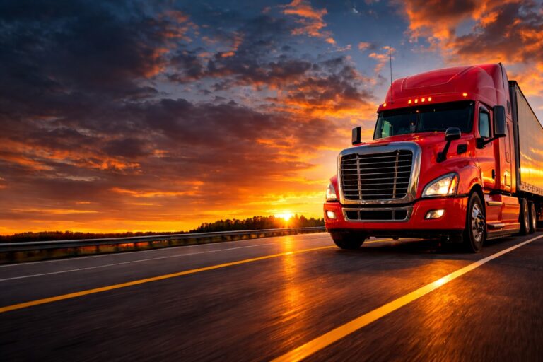 Red semi truck driving on a highway at sunset during a long distance haul