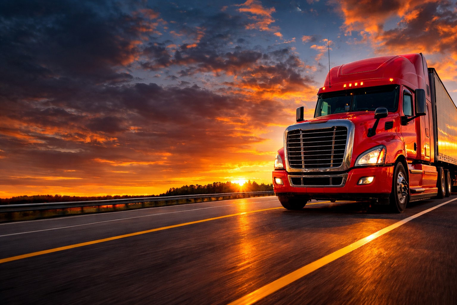Red semi truck driving on a highway at sunset during a long distance haul