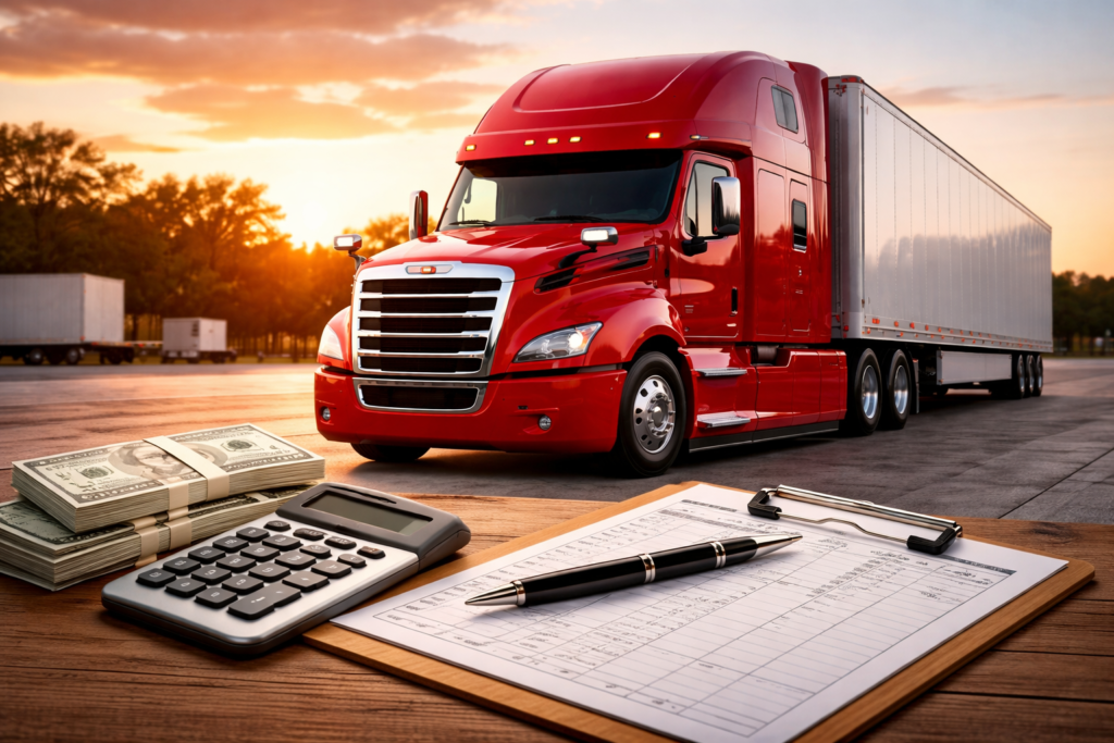 Red semi truck with calculator and paperwork showing factors that affect truck driver pay