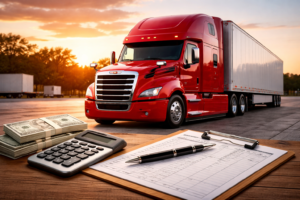 Red semi truck with calculator and paperwork showing factors that affect truck driver pay