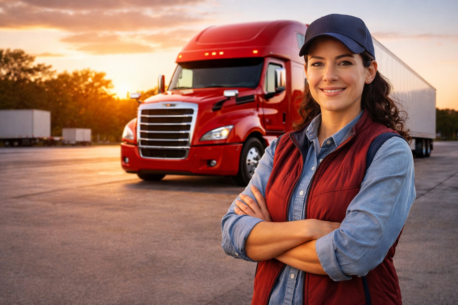 Female truck driver standing in front of a red semi truck for a hauling jobs cover image