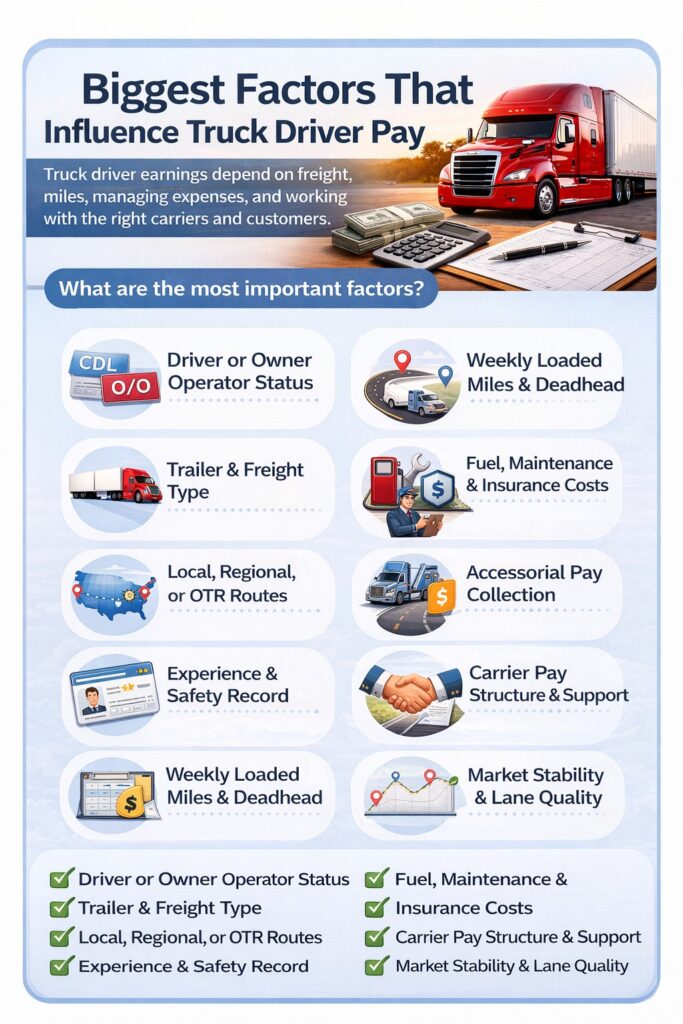 Infographic showing the biggest factors that influence truck driver pay including freight type, route type, miles, expenses, experience, and carrier support