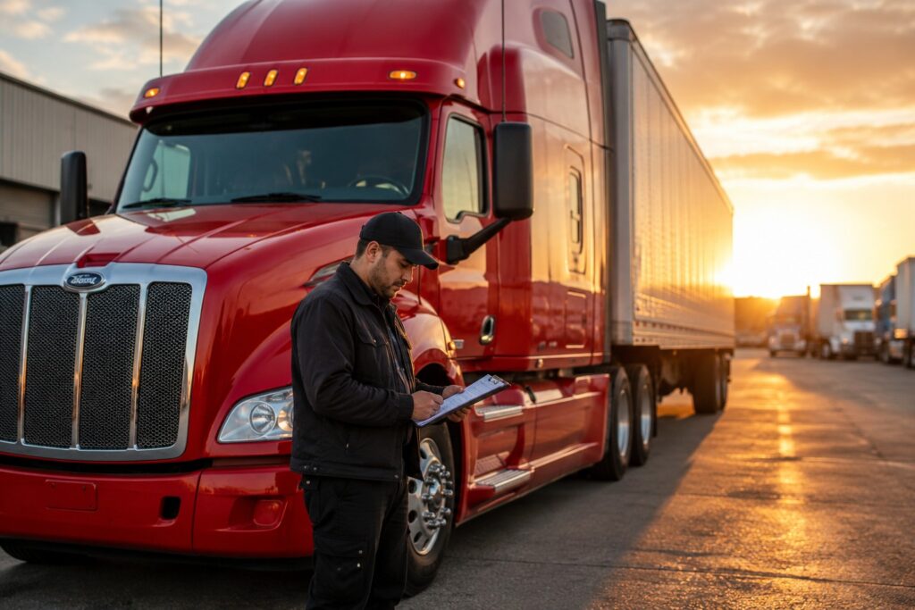 CDL driver checking paperwork beside a red semi truck at sunrise in a freight yard. CDL drivers looking for jobs post cover image.