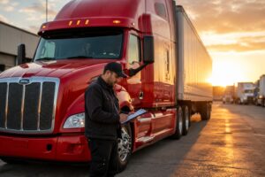 CDL driver checking paperwork beside a red semi truck at sunrise in a freight yard. CDL drivers looking for jobs post cover image.