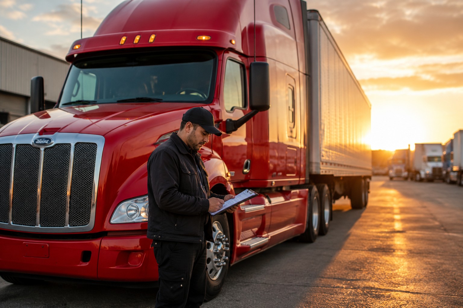 CDL driver checking paperwork beside a red semi truck at sunrise in a freight yard. CDL drivers looking for jobs post cover image.
