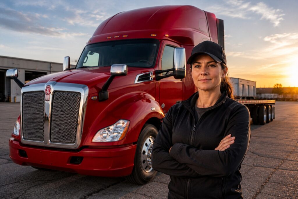 Female truck driver standing in front of a red semi truck in an industrial lot for FMCSA lease agreement article cover
