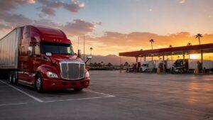 Red semi truck parked at a California truck stop at sunset with fuel pumps, palm trees, and mountains in the background.