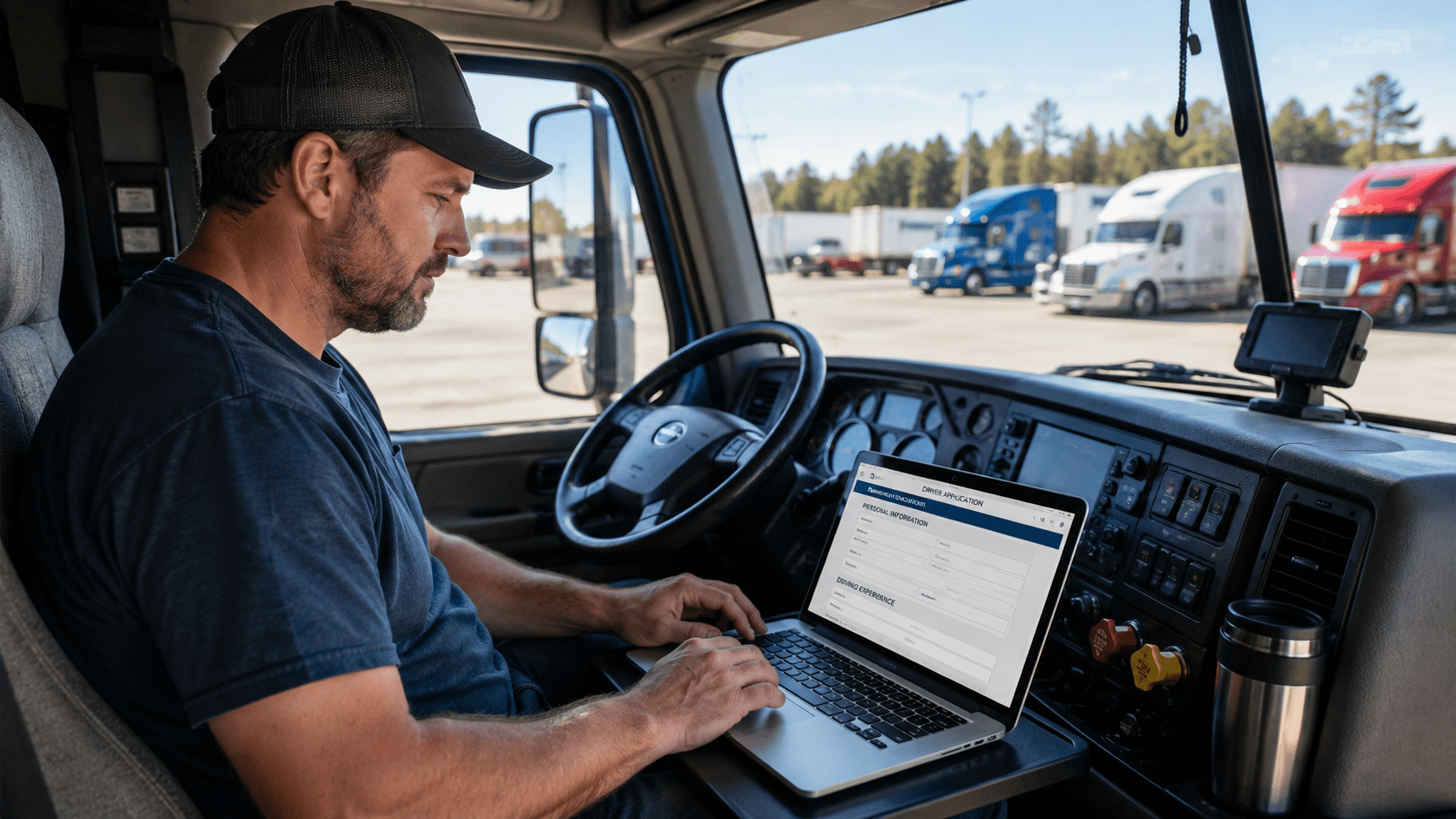 Truck driver filling out an online job application on a laptop inside a semi truck cab at a rest stop.