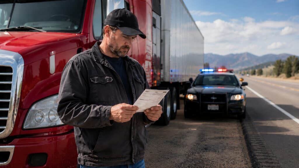 Truck driver reviewing a traffic citation beside a red semi truck during a roadside stop with a patrol car in the background.