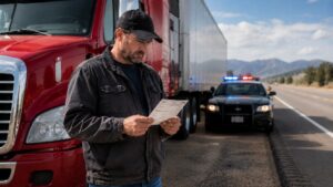 Truck driver reviewing a traffic citation beside a red semi truck during a roadside stop with a patrol car in the background.