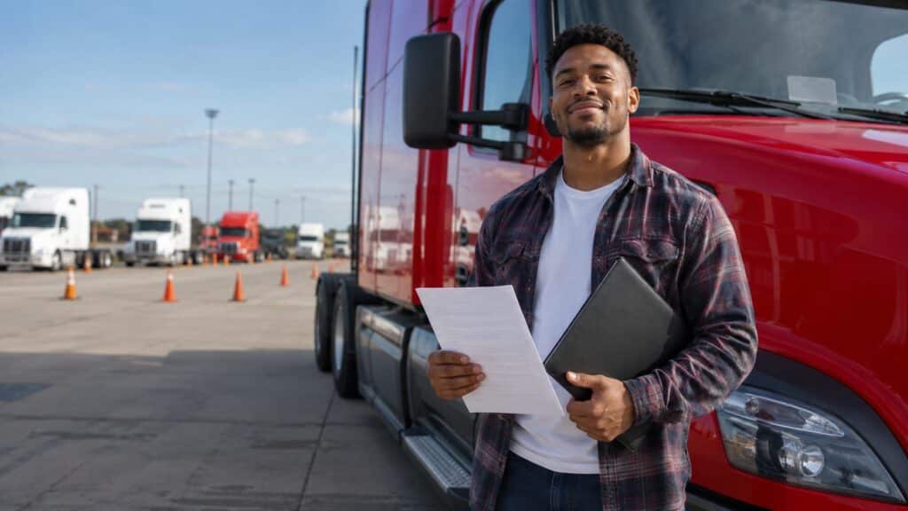 Aspiring truck driver holding paperwork beside a red semi truck at a CDL training yard, representing truck driver grants and training support.