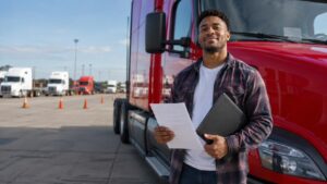 Aspiring truck driver holding paperwork beside a red semi truck at a CDL training yard, representing truck driver grants and training support.