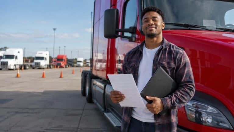 Aspiring truck driver holding paperwork beside a red semi truck at a CDL training yard, representing truck driver grants and training support.