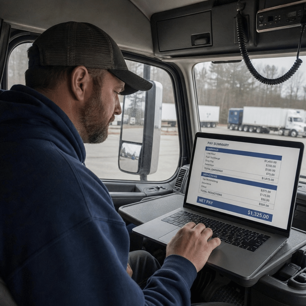 Truck driver reviewing pay details on a laptop inside a cab