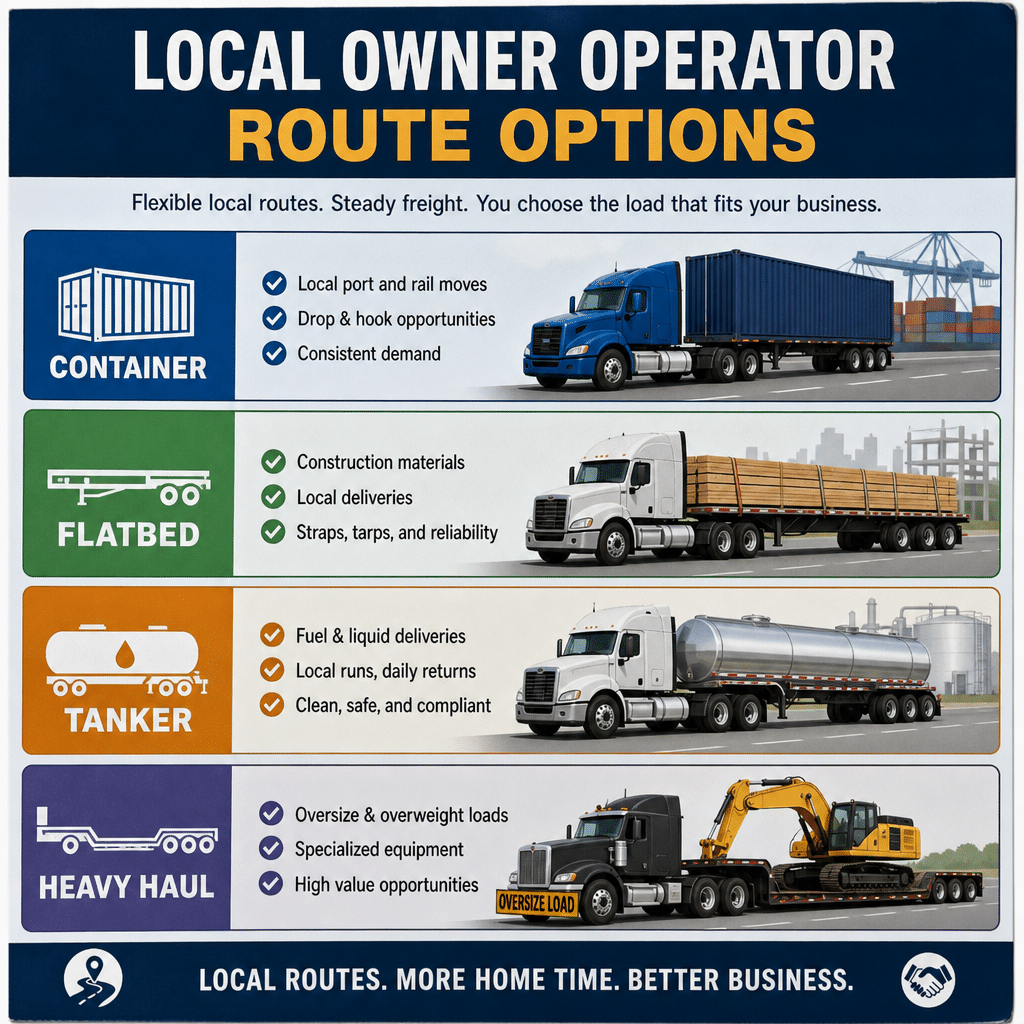 infographic showing local owner operator route options such as container, flatbed, tanker, and heavy haul