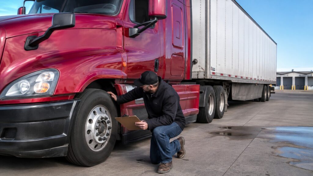 CDL driver checking tires on a red semi truck during a pre trip inspection at a truck yard.