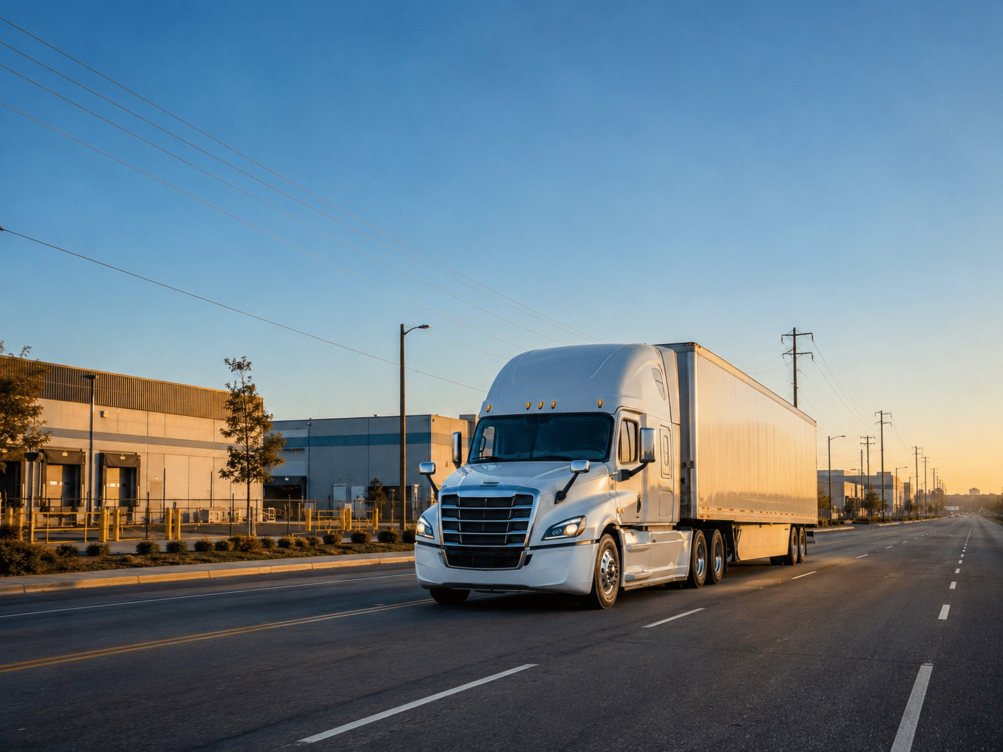 Owner operator driving a semi-truck on a local route through an American industrial district