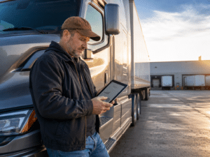 Truck driver reviewing salary and route information beside a semi-truck at a US logistics terminal