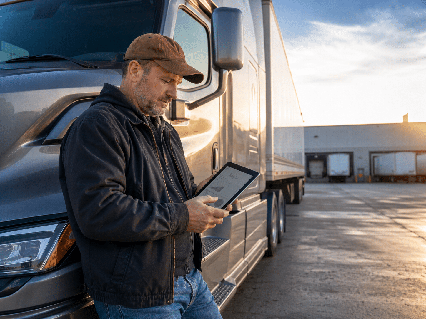 Truck driver reviewing salary and route information beside a semi-truck at a US logistics terminal