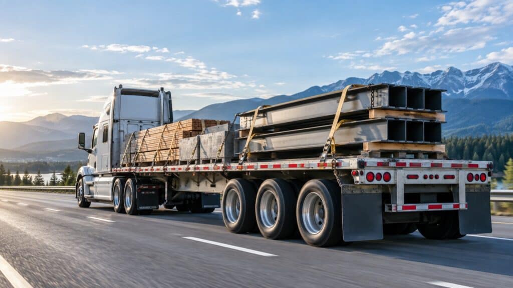 Flatbed transportation services hauling secured steel beams and construction materials on a highway.