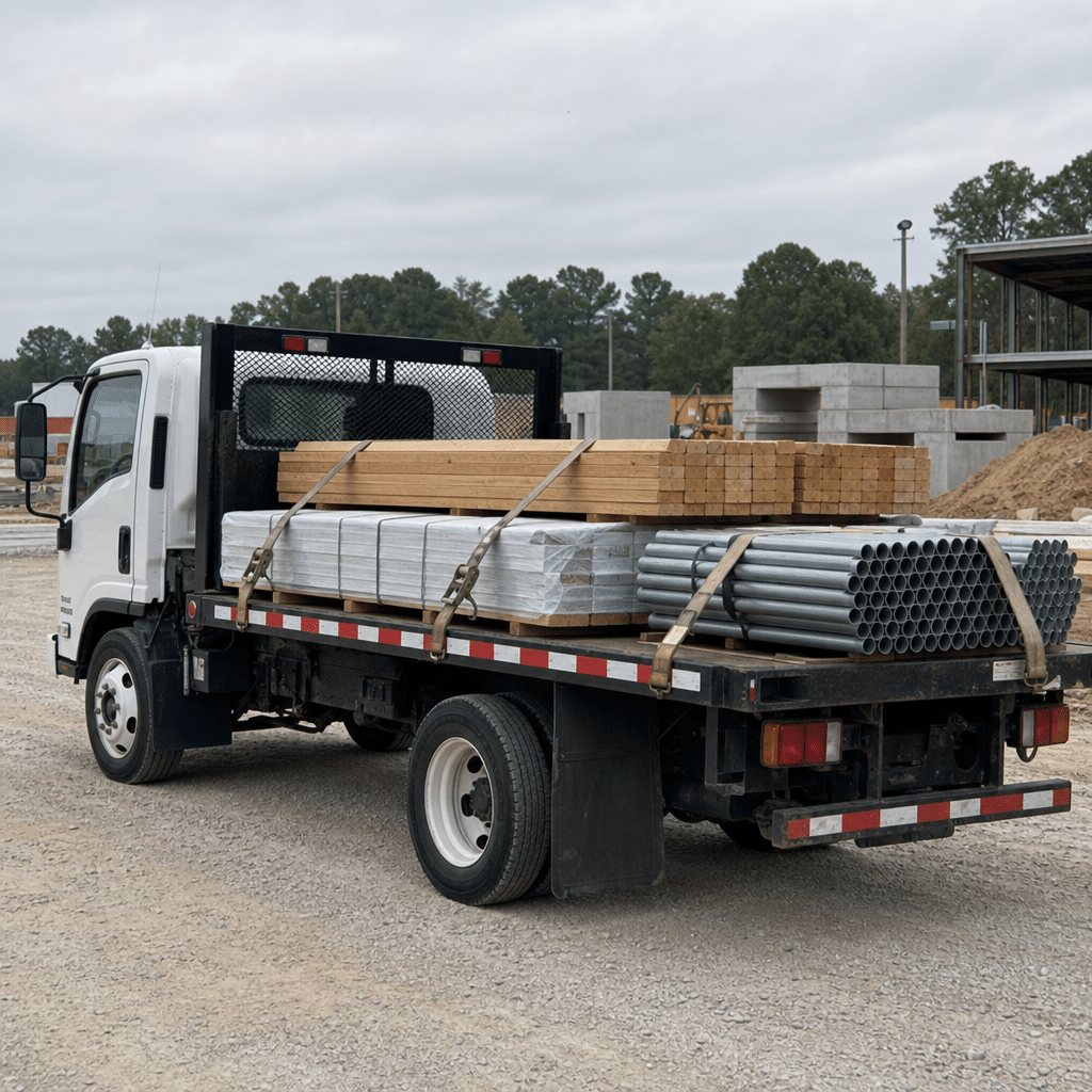 flatbed truck carrying secured construction materials