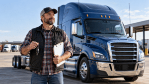 Truck driver holding keys and paperwork beside a blue semi-truck, illustrating truck ownership and the owner-operator trucking business.