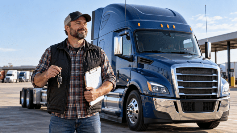Truck driver holding keys and paperwork beside a blue semi-truck, illustrating truck ownership and the owner-operator trucking business.